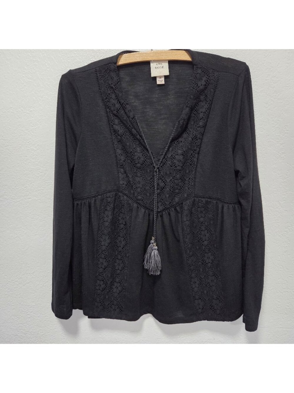 Knox Rose Womens Black Tunic Blouse Embroidered Tassels Top Long Sleeve Size M